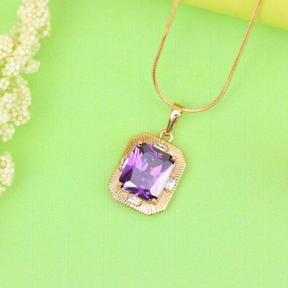 "Purple Rectangular Pendant with Gold Frame and Sparkling Accents, XPPT1786 - Picture 13 of 13